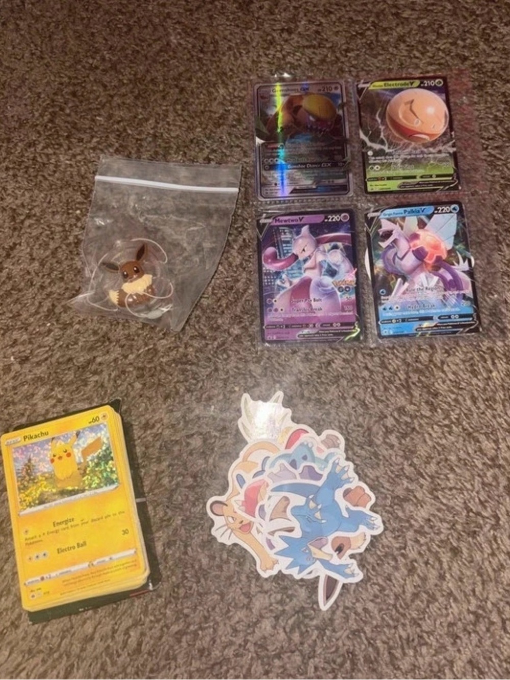 Pokémon Card Lot + Vintage Eevee Toy & Stickers Bundle